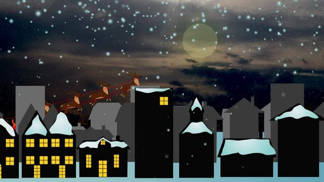 christmas background scene animation with Santa Claus flying with reindeers around of city night, cartoon flat