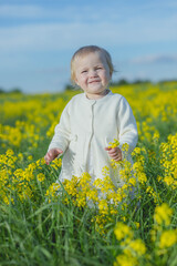 Fototapeta premium girl in a field of yellow flowers