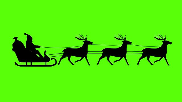 silhouette of Santa Claus pulled by reindeer, green screen animation, seamless loop
