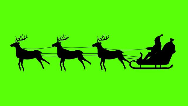 silhouette of Santa Claus pulled by reindeer, green screen animation, seamless loop