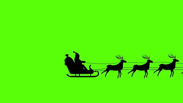 silhouette of Santa Claus pulled by reindeer, green screen animation