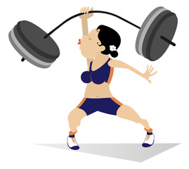 Cartoon woman weightlifter isolated illustration. Strong sexy young woman is trying to lift a heavy weight isolated on white
