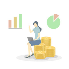 Business woman use laptop seat on dollar coin with graph.Concept save money,flat style design.Vector illustration about financial.