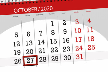 Calendar planner for the month october 2020, deadline day, 27, tuesday
