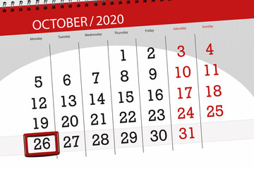 Calendar planner for the month october 2020, deadline day, 26, monday