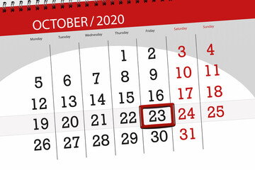 Calendar planner for the month october 2020, deadline day, 23, friday