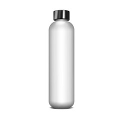 White cylindrical bottle with black screw cap, realistic vector mock-up. Blank container for cosmetic, medical or other liquid product, mockup. Template for design