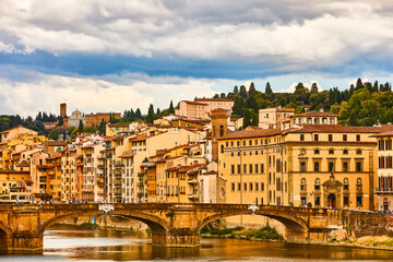Florence , Italy - August 5 , 2020 : Florence Cityscape skyline with Arno river landmark of Tuscany Italy