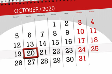 Calendar planner for the month october 2020, deadline day, 20, tuesday
