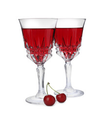 Delicious cherry wine with ripe juicy berries isolated on white