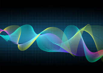 Frequency of the blue sound wave on a black background. Neon. Music waves. Stock vector illustration.	
