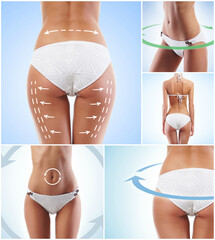 Fit and beautiful body of young woman in white swimsuit. Collection of different images.