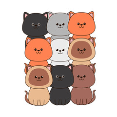 Set of cute different cats isolated on a white background. Flat design for poster or t-shirt. Vector illustration