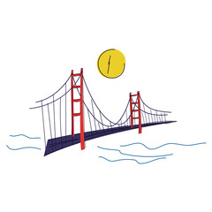 A hand-drawn illustration of the Golden Bridge in San Francisco in California with a moon, pond. Architecture. Landmarks of the world. America. Golden Gate in the USA. Travels. Vector. Flat. Doodle