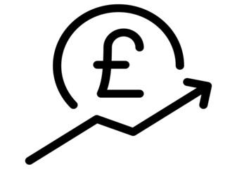 Pound  rate increase icon. Money symbol with stretching arrow up. rising prices. Business cost sale icon. cash salary increase. investment growth. vector illustration.eps