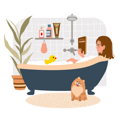 Young girl relaxes in bath and reads book. Daily life and everyday routine. Girl is in cozy bathroom with home plants and dog. Cartoon vector illustration in flat style.