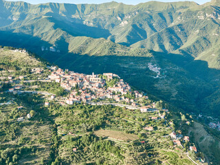 An aerial view of the town of Triora in Liguria, Italy during summertime