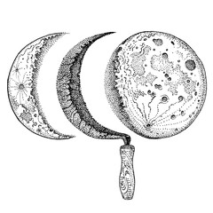 Sickle and moon phases. Waning and crescent moon. Hand drawn ink pen illustration isolated black on white. T shirt print, tattoo design in dotwork style. Nature, rural, magic, esoteric symbol. © Natalia