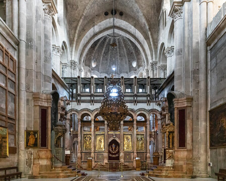 Church of the Holy Sepulchre interior with Greek Orthodox Catholicon main nave and altar in Christian Quarter of historic Old City of Jerusalem, Israel