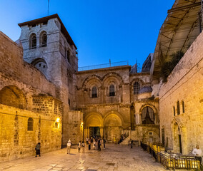 Church of the Holy Sepulchre with pavris courtyard, main entrance and Chapel of the Franks in Christian Quarter of historic Old City of Jerusalem, Israel