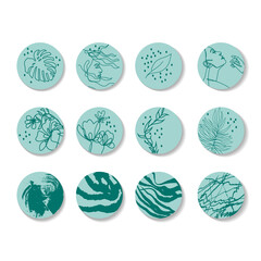 Stories Simple line art. Basic Stories Covers. Round texture and floral icons for social media stories. leaves, flowers and womens faces. Set of various vector highlight covers. Abstract backgrounds