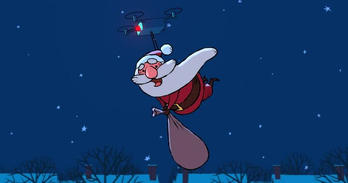 Looping cartoon animation of Santa flying over rooftops underneath a drone