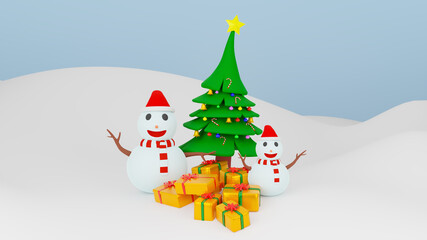 3D illustration rendering. The two snow man, Luxury gift boxes and beautiful Christmas tree isolate on white scene. Christmas background with snowman and gift boxes. Sweet snow man wearing scarf red.