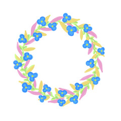 Fototapeta na wymiar Wreath with blue flowers and green leaves 