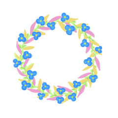 Wreath with blue flowers and green leaves 