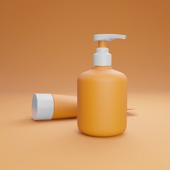 Cosmetic Bottles Orange Background. Cream Bottles.Cosmetic design. Modern cover design. 3d illustration.