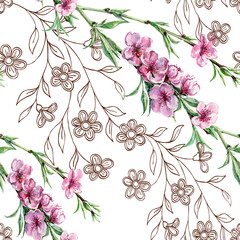 Seamless pattern  watercolor flowers peach with branch graphic flowers on white background.  Floral spring composition for fabric.