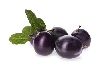 Delicious ripe plums with leaves isolated on white