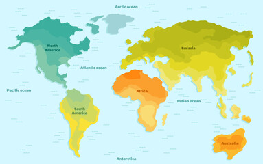 Vector illustration world map for children. Continents America Europe Asia Africa
