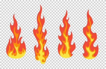 Set of red and orange fire flame. Flames of different shapes. Fireball set, flaming symbols. Idea of energy and power. Collection of hot flaming element. Vector icons in cartoon style © designer_things
