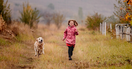 Naklejka na ściany i meble Little girl walking with dog in pine wood