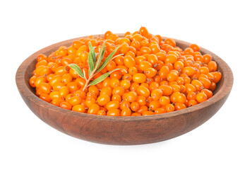 Fresh ripe sea buckthorn berries in bowl isolated on white