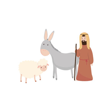 Nativity concept, Joseph with donkey and sheep, flat style