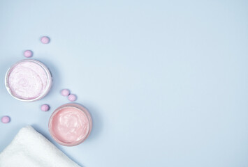 Flat lay composition with spa cosmetics. Beauty concept. Beauty mock up. anti-cellulite products