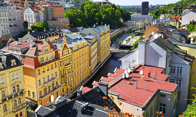 View over the rooftops of the old city Carlsbad. Spa Karlovy Vary, Czech Republic