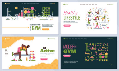 Interior of gym with equipment and persons engaged in fitness,sports, workout or physical exercises. Active healthy lifestyle. Vector illustrations. Set of landing pages templates.