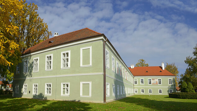 Kladruby nad Labem, Czech Republic - Castle, National Stud Farm. Old Kladruber horses, historically, the grey horses were used for ceremonial service at the royal and imperial court, UNESCO WH