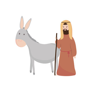 Nativity scene, Cartoon Joseph and donkey, flat style