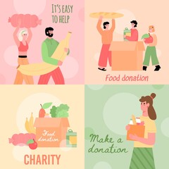 Set of cards with concept of charity and support for poor, homeless and hungry. Volunteers carry food and filling cardboard donation boxes to help of shelter. Vector illustrations.