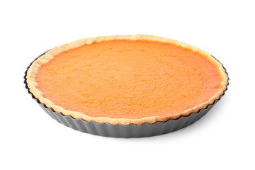 Delicious homemade pumpkin pie in metal pan isolated on white