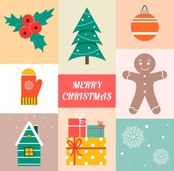 Fototapeta premium Merry Christmas. Set of elements in cartoon style. For the design of wrapping paper, paper napkin, greeting card. Gingerbread man, Christmas tree and other elements on a colorful background.