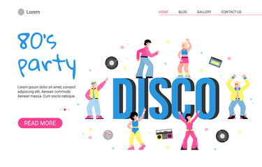 80s retro disco party with dancing people. Men and women in fashion clothes in the eighties. Vector flat cartoon illustration. Landing page template