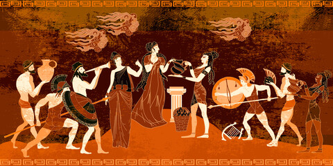 Ancient Greece frescos. Ancient Crete. Knossos murals mythology. Minoan civilization concept - 386462966
