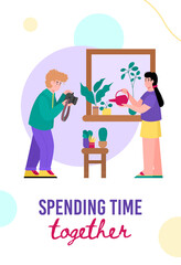 Young couple spend time together. Woman takes care of houseplants, man takes photos. Stay at home and do hobby at leisure, on weekend or in quarantine. Vector flat illustration