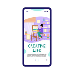 Young artist painting nature landscape scenery at home onboarding page for mobile app. Woman recreating doing her favorite hobby, flat cartoon vector illustration