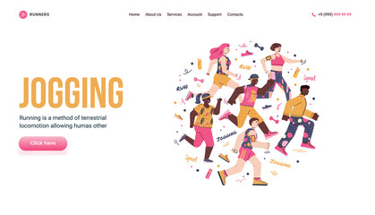 Running, jogging, marathon and competition. Group of joggers men and women with icons of sports equipment. Vector illustration. Landing page template.